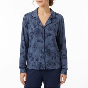Roudelain Pajama Shirt Womens Large Blue Floral Ribbed Stretch Lapel Collar